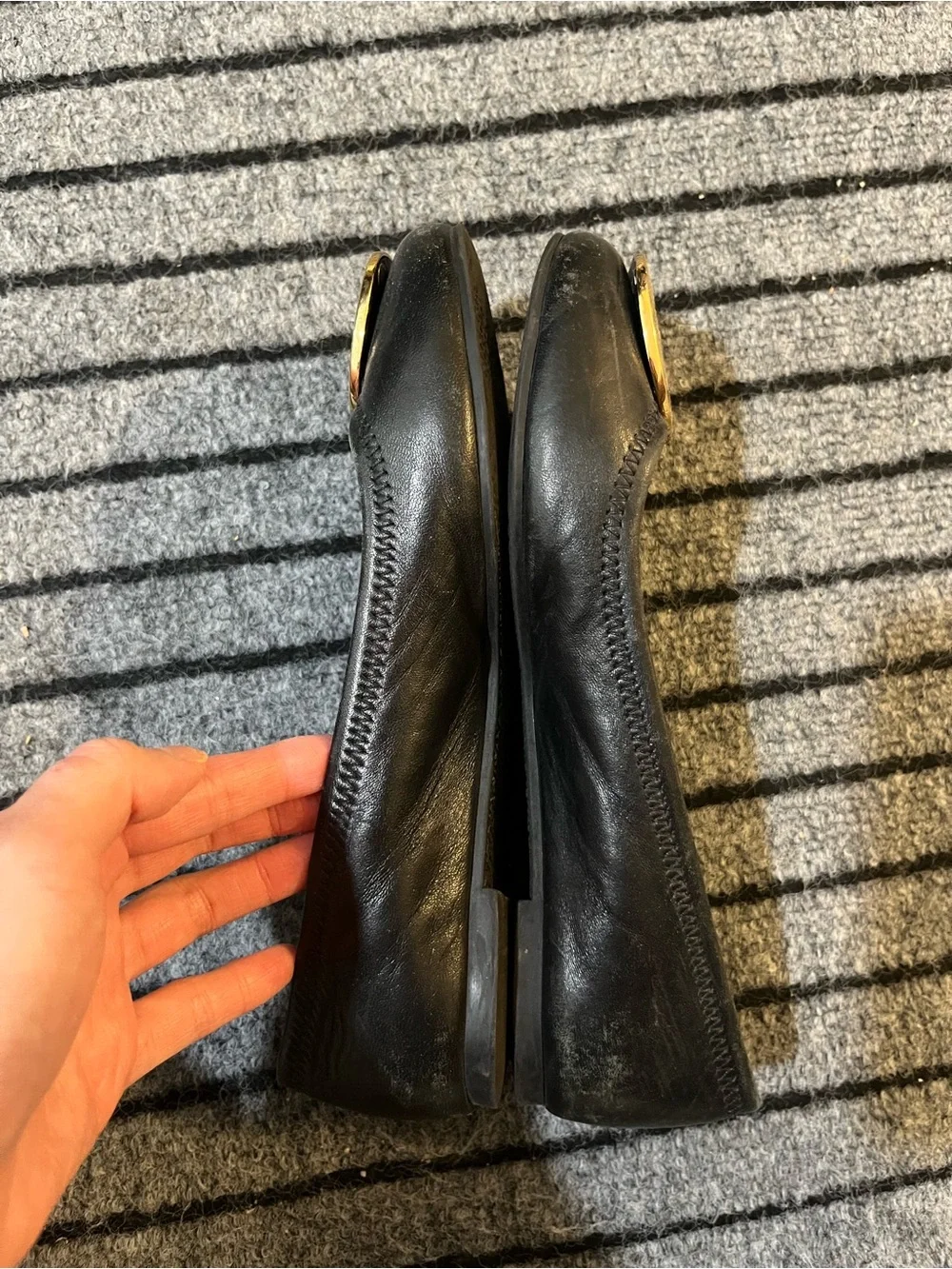 Tory Burch Black Leather Ballet Flats with Gold Logo Medallions